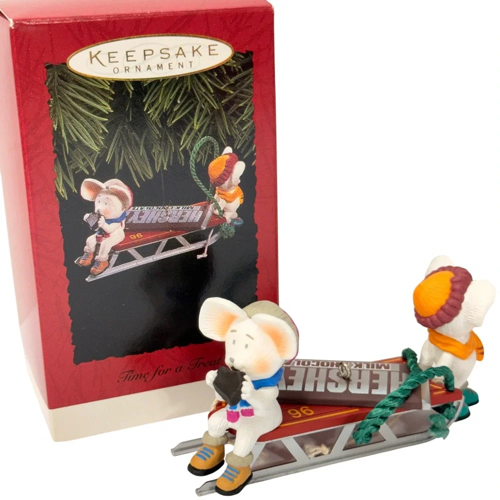 Hallmark Keepsake Ornament 1996 Time for a Treat Hershey Mice Sled Linda Sickman